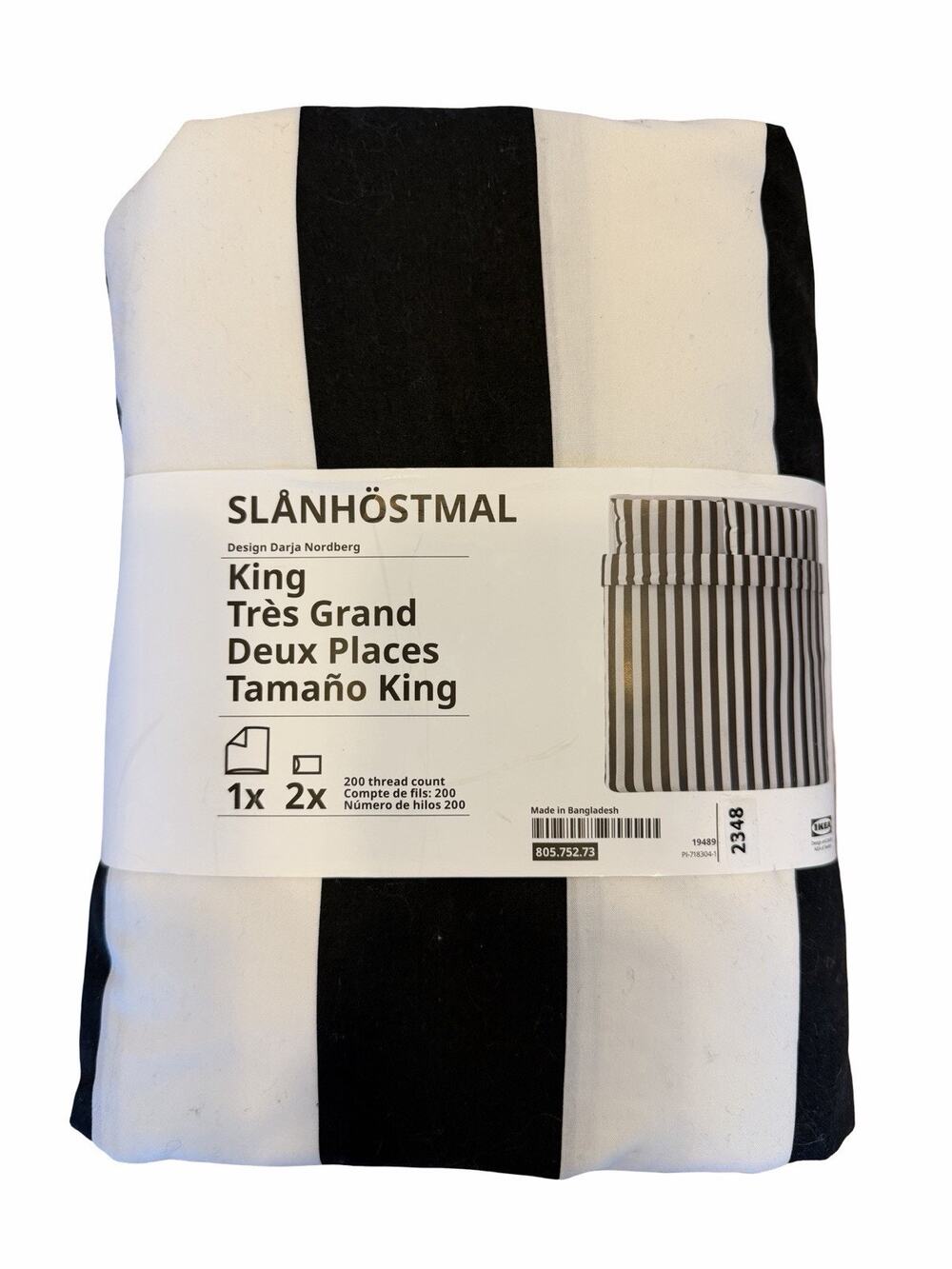 Brand New IKEA SLANHOSTMAL King Duvet Cover Black Set White Striped